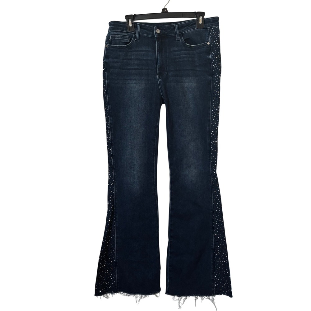 Judy Blue Women's Flare Jeans 13/31 Dark Wash Raw Hem Rhinestone Detail Juniors